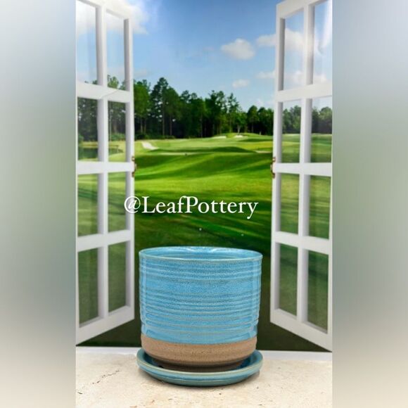 Bluish Blue/Beige Ceramic Planter Pot with Saucer Attached - Picture 6 of 11